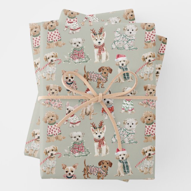 Cute Christmas Dogs Wrapping Paper Sheets (In situ)