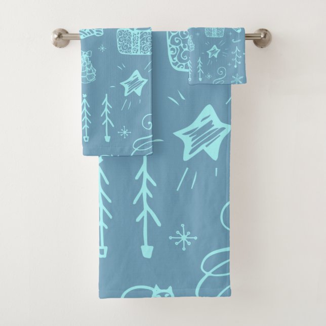 Cute Christmas Doodle Drawing Illustration | Bath Towel Set (Insitu)