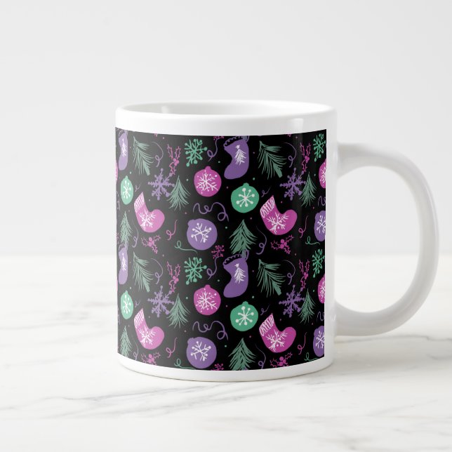 Cute Christmas Doodles Snowflakes Stocking Tree Giant Coffee Mug (Right)