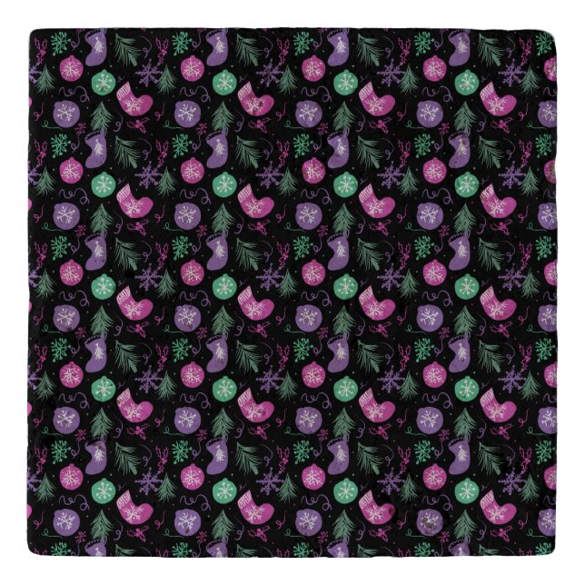 Cute Christmas Doodles Snowflakes Stocking Tree Trivet (Front)