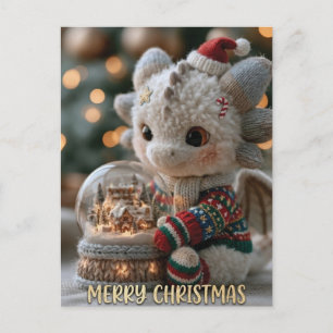 Cute Christmas Dragon Plush Toy with Snow Globe Postcard