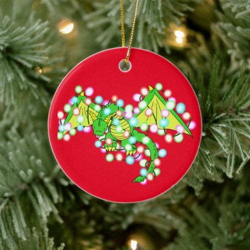 Cute Christmas dragon wrapped in lights Ceramic Ornament