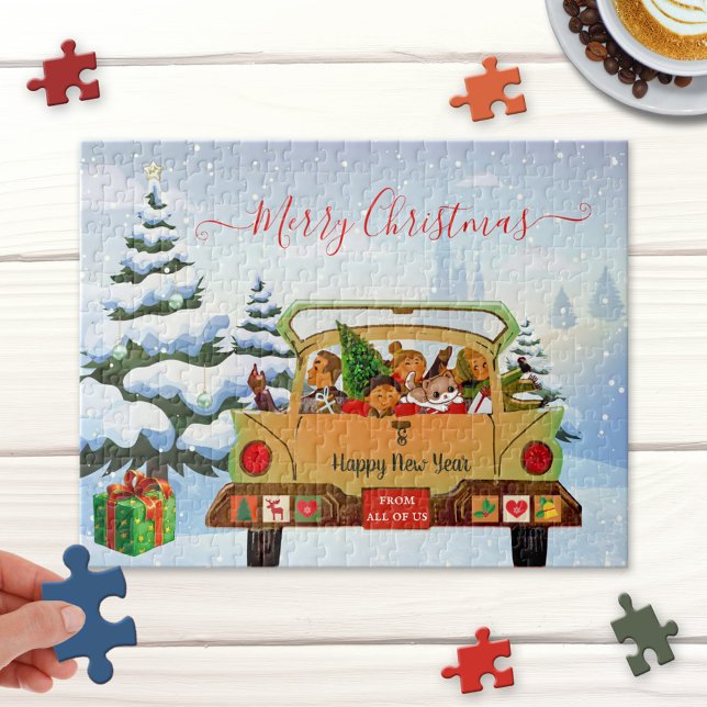 Cute Christmas Driving Home Puzzle (Personalized puzzle featuring a family with cat driving home in their car through winter wonderland)