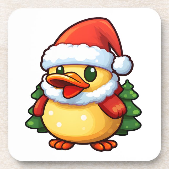 Cute Christmas Duck in Santa hat Beverage Coaster (Front)