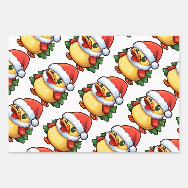 Cute Christmas Duck in Santa hat Wrapping Paper Sheets (Front 3)