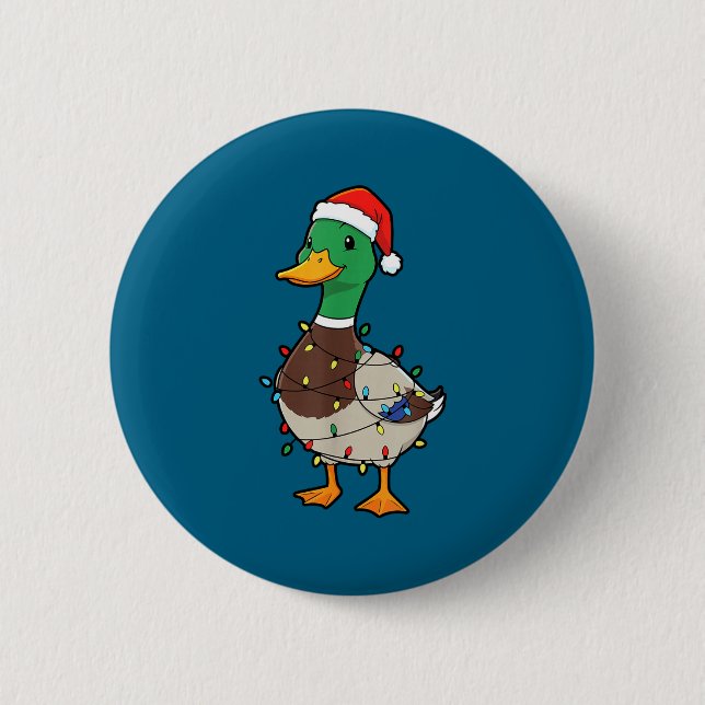 Cute Christmas Duck Mallard With Xmas Lights  Button (Front)