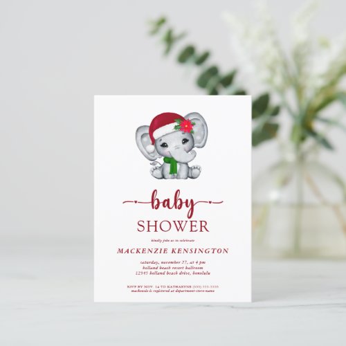 Cute Christmas Elephant Baby Shower Invitation Postcard