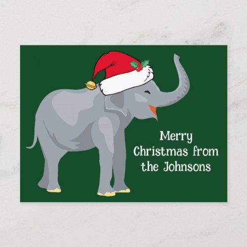 Cute Christmas Elephant in Santa Claus Hat Green Postcard