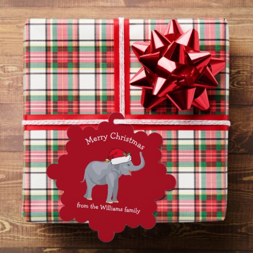 Cute Christmas Elephant in Santa Hat Custom Red Ornament Card