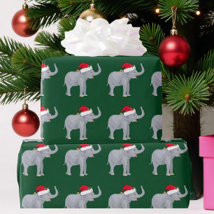 Cute Christmas Elephant in Santa Hat Green Holiday Wrapping Paper