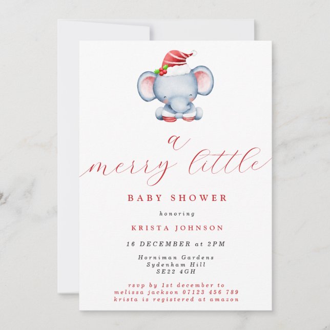 Cute Christmas Elephant Merry Little Baby Shower Invitation (Front)