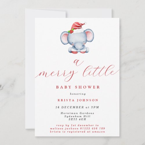 Cute Christmas Elephant Merry Little Baby Shower Invitation