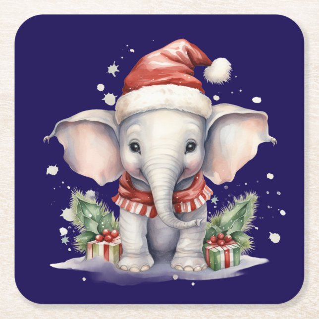 Cute Christmas Elephant Square Paper Coaster (Front)