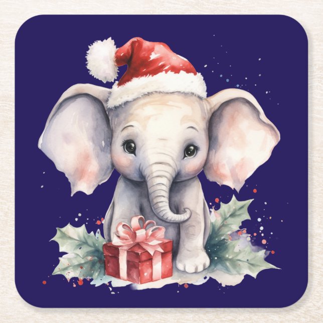 Cute Christmas Elephant Square Paper Coaster (Front)