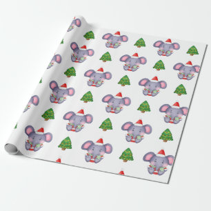 Cute Christmas Elephants and Christmas Trees Wrapping Paper