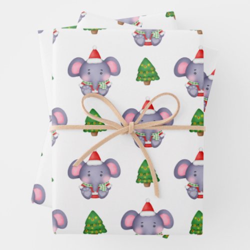 Cute Christmas Elephants and Christmas Trees Wrapping Paper Sheets