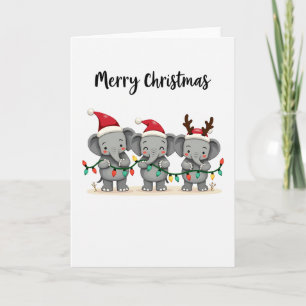 Cute Christmas Elephants with Lights and Santa Hat Card
