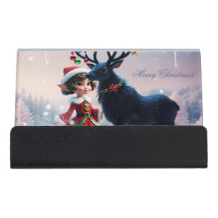 Cute Christmas elf and dark reindeer. Desk Business Card Holder