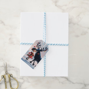 Cute Christmas elf and dark reindeer. Gift Tags