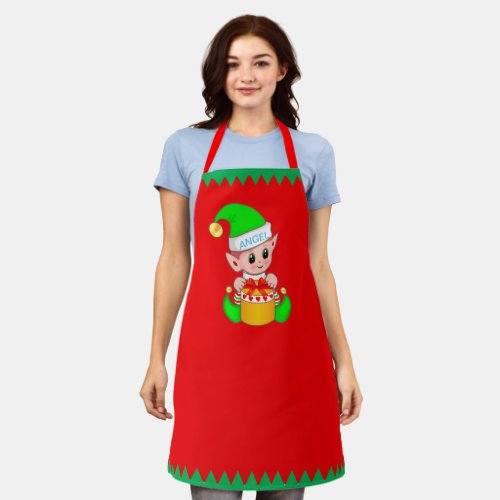 Cute Christmas Elf and Green Stripes on Red Apron