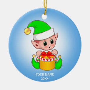 Cute Christmas elf and your text Ceramic Ornament
