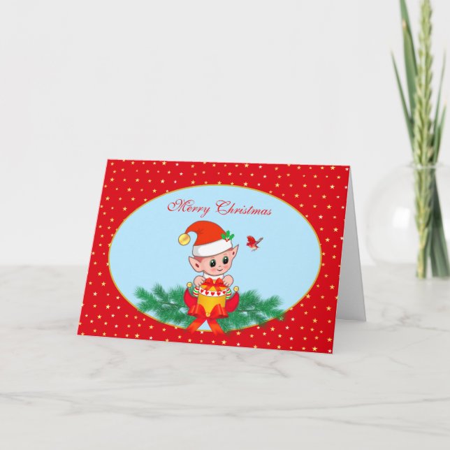 Cute Christmas Elf & Bird on Light Blue & Red Holiday Card (Front)