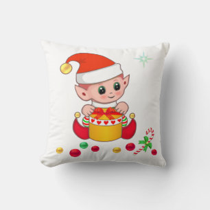 Cute Christmas Elf, Candy Cane & Christmas Balls Throw Pillow