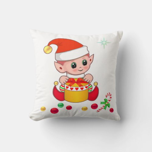 Cute Christmas Elf Candy Cane  Christmas Balls Throw Pillow