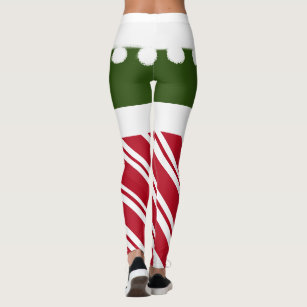 Cute Christmas Elf Candy Cane White Furry Tassels Leggings