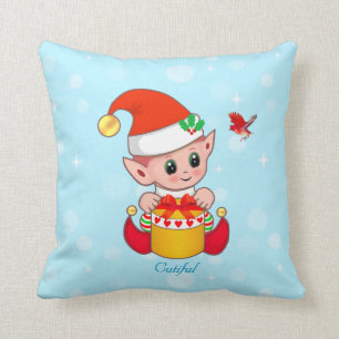 Cute Christmas Elf & Cardinal Bird on Turquoise Throw Pillow