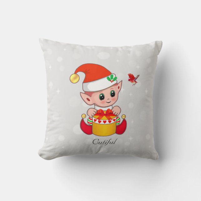 Cute Christmas Elf & Cardinal Red Bird on Silver Throw Pillow (Front)