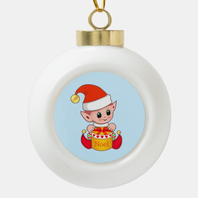 Cute Christmas Elf Ceramic Ball Christmas Ornament (Front)