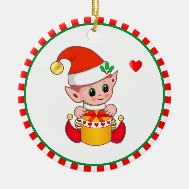 Cute Christmas Elf Ceramic Ornament (Front)