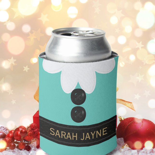 Cute Christmas Elf Costume Teal Can Cooler (Just add your name. Makes an lovely christmas gift)