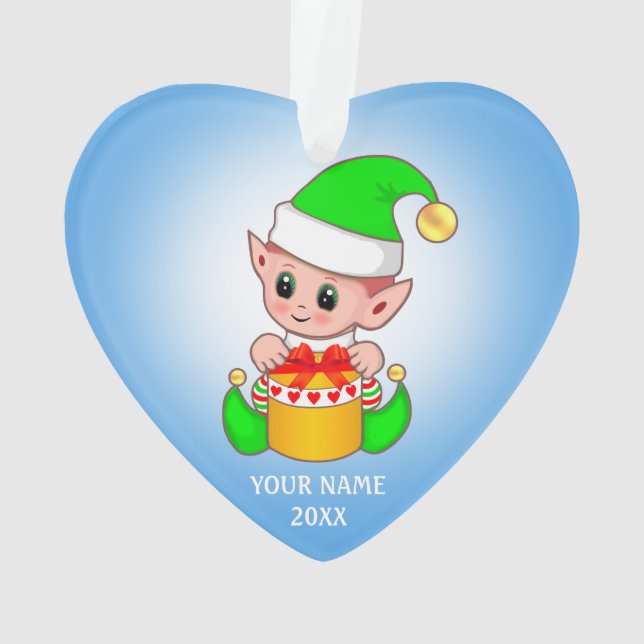 Cute Christmas Elf, Custom Name on Light Blue Ornament (Back)