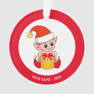 Cute Christmas Elf, Custom Name on Red & White Ornament