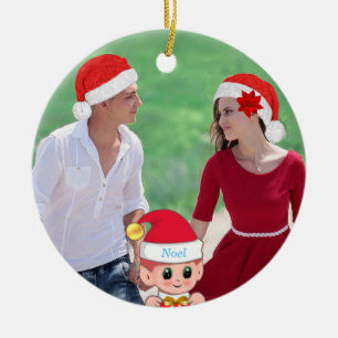 Cute Christmas Elf & Custom Photo Ceramic Ornament