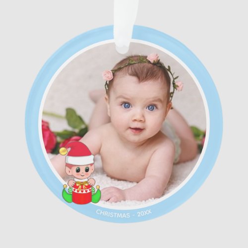 Cute Christmas Elf  Custom Photo on Light Blue Ornament