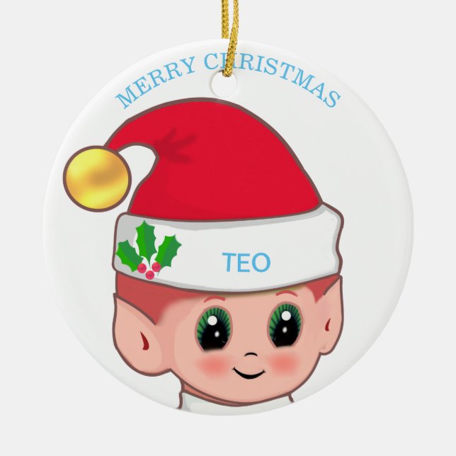Cute Christmas Elf & Custom Text Ceramic Ornament (Front)