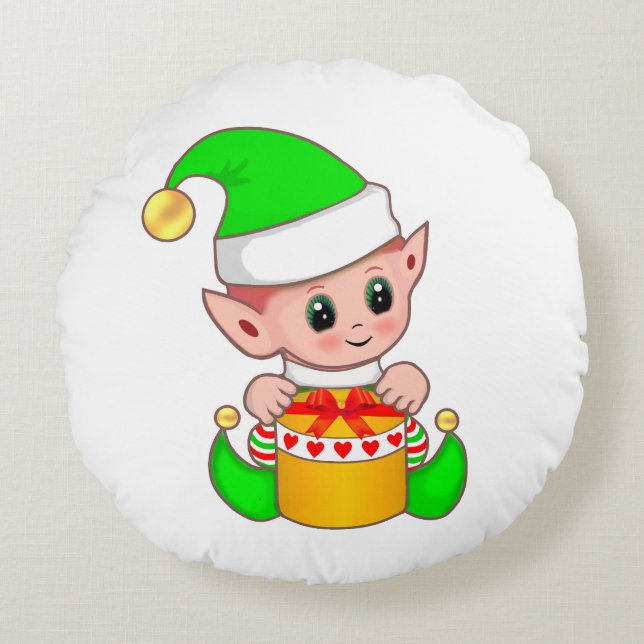 Cute Christmas Elf  Dressed in Green Round Pillow (Front)