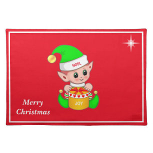 Cute Christmas elf dressed in green & star on red Cloth Placemat