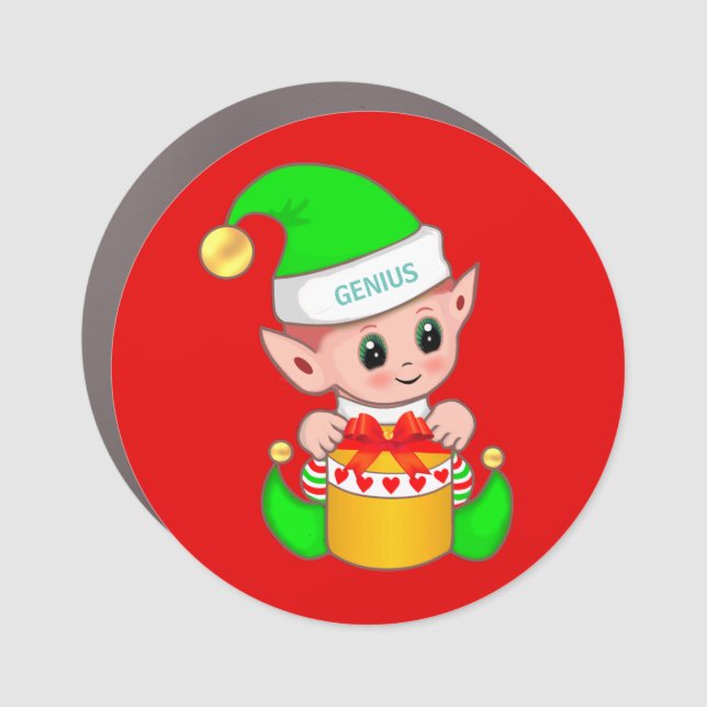 Cute Christmas Elf & Editable Genius Text Car Magnet (Front)