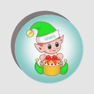 Cute Christmas Elf & Editable Genius Text on Teal Car Magnet