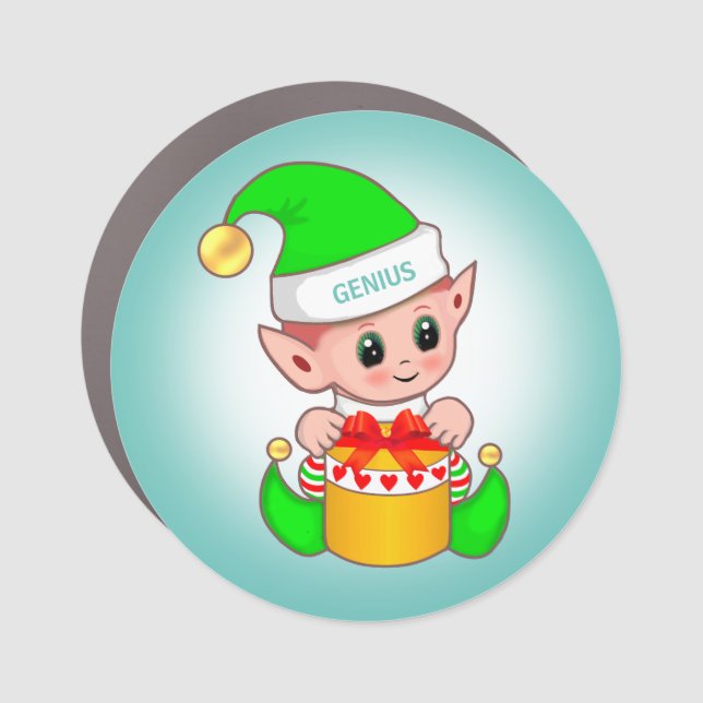 Cute Christmas Elf & Editable Genius Text on Teal Car Magnet (Front)