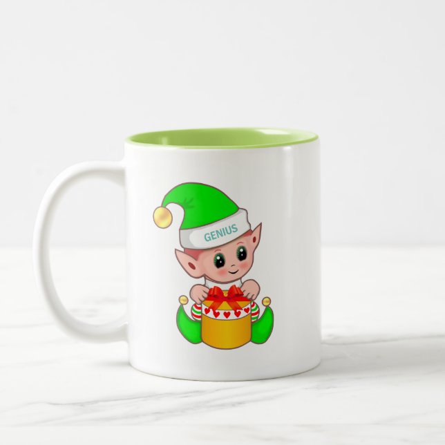 Cute Christmas Elf & Editable Genius Text Two-Tone Coffee Mug (Left)