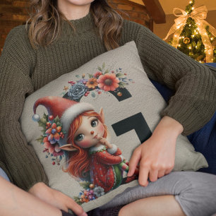 Cute Christmas Elf Festive G Faux Tan Leather Throw Pillow