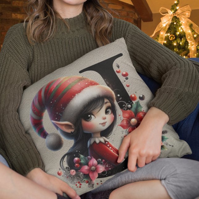 Cute Christmas Elf Festive J Faux Tan Leather Throw Pillow (Creator Uploaded)