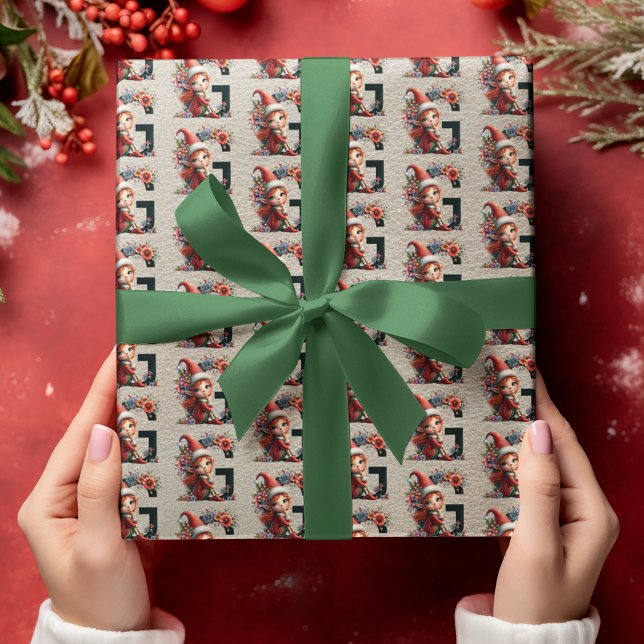 Cute Christmas Elf Festive Letter G Wrapping Paper (Creator Uploaded)