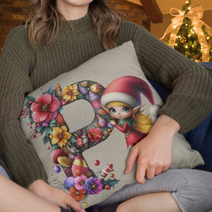 Cute Christmas Elf Festive P Faux Tan Leather Throw Pillow