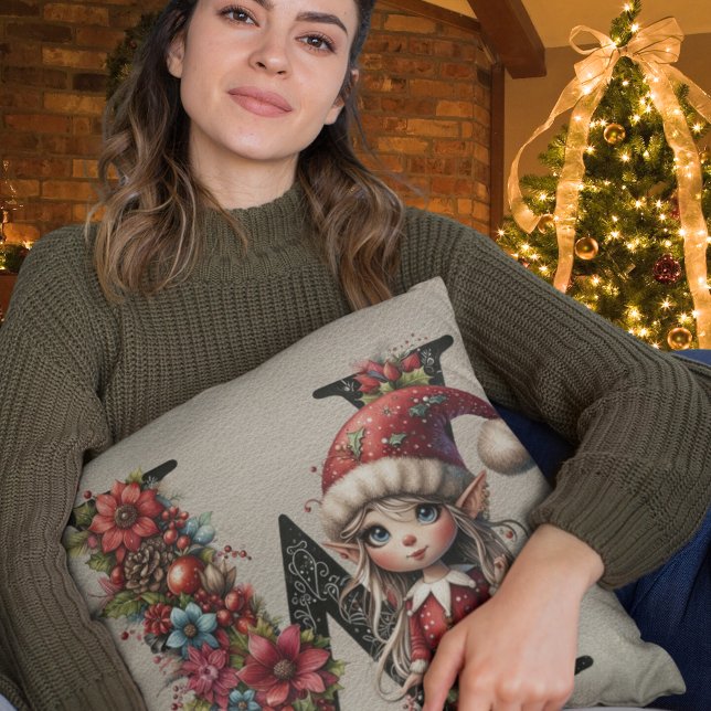 Cute Christmas Elf Festive W Faux Tan Leather Throw Pillow (Creator Uploaded)